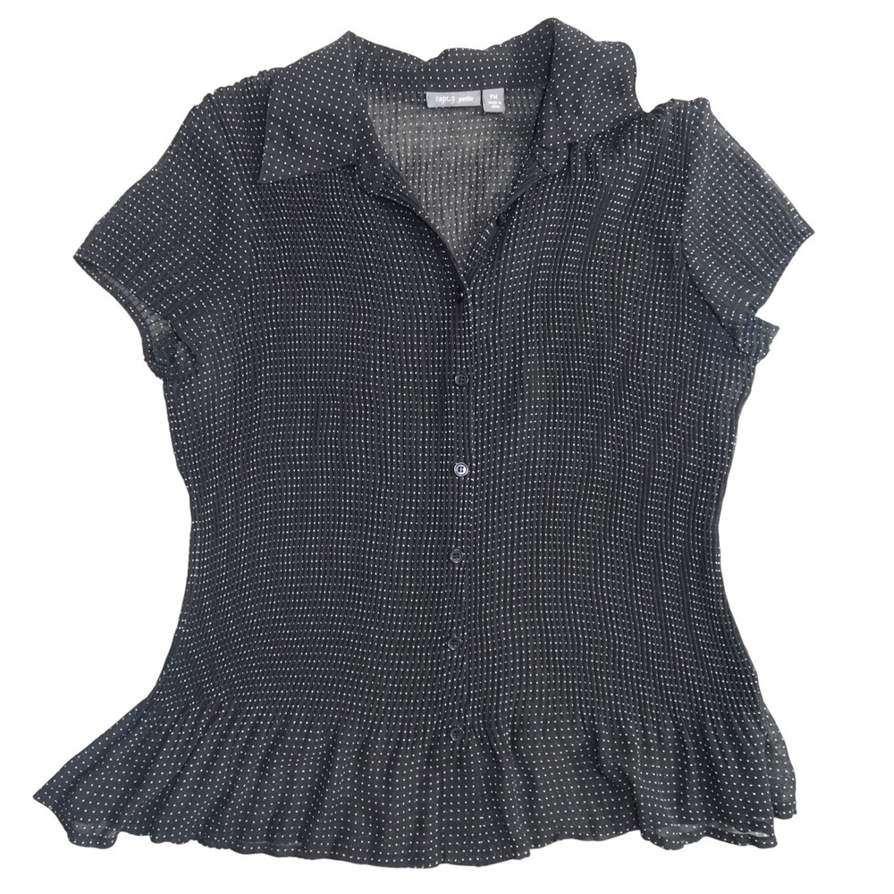 Black and white Polka Dot Pleated Button Front Blouse Size PM Short Sleeve.
